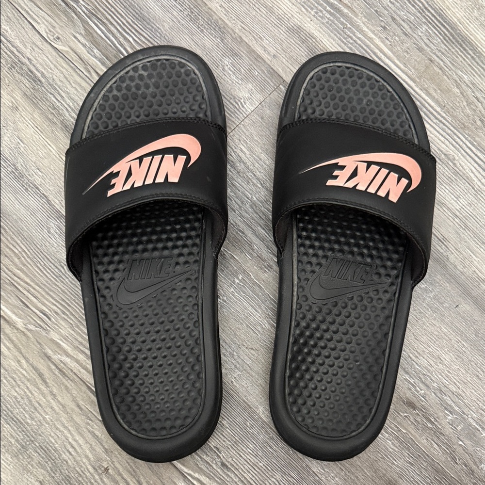Nike Black Slides with Pink Logo